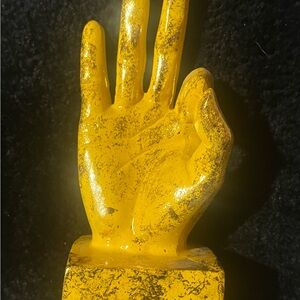 OK sign NEW 3 x 6 gold painted ceramic hand sculpture on base